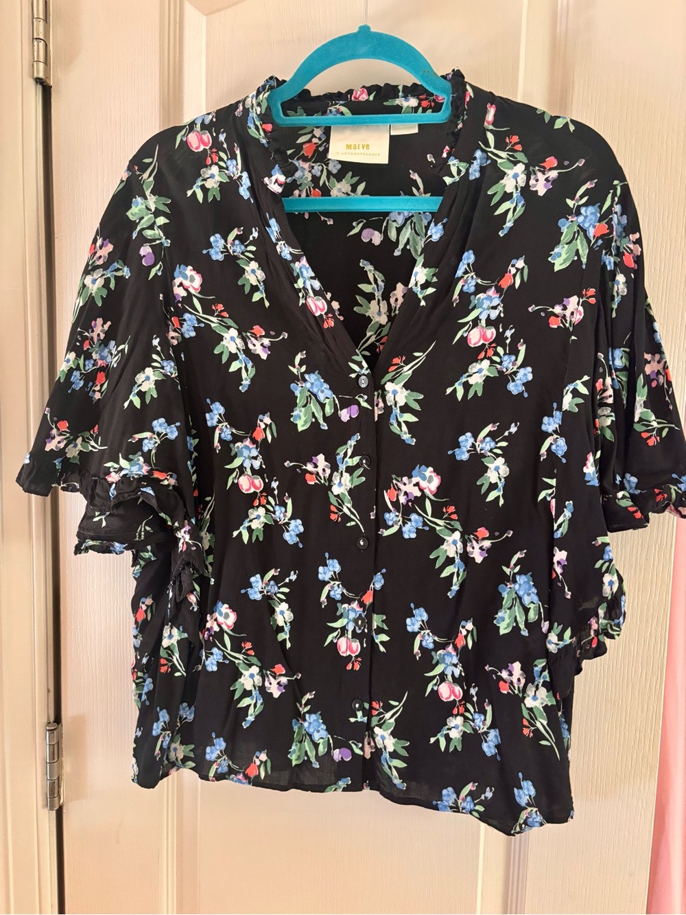 Anthropologie Black Floral Button-Down Blouse